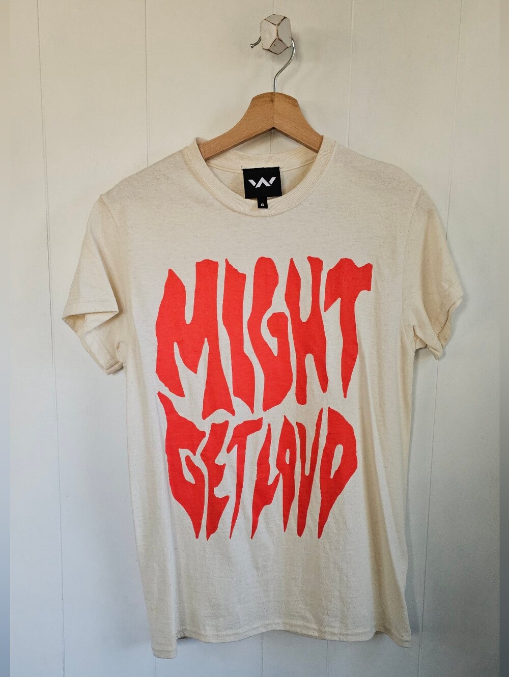 "MIGHT GET LOUD" Cream Graphic Tee with Bright Red Print
